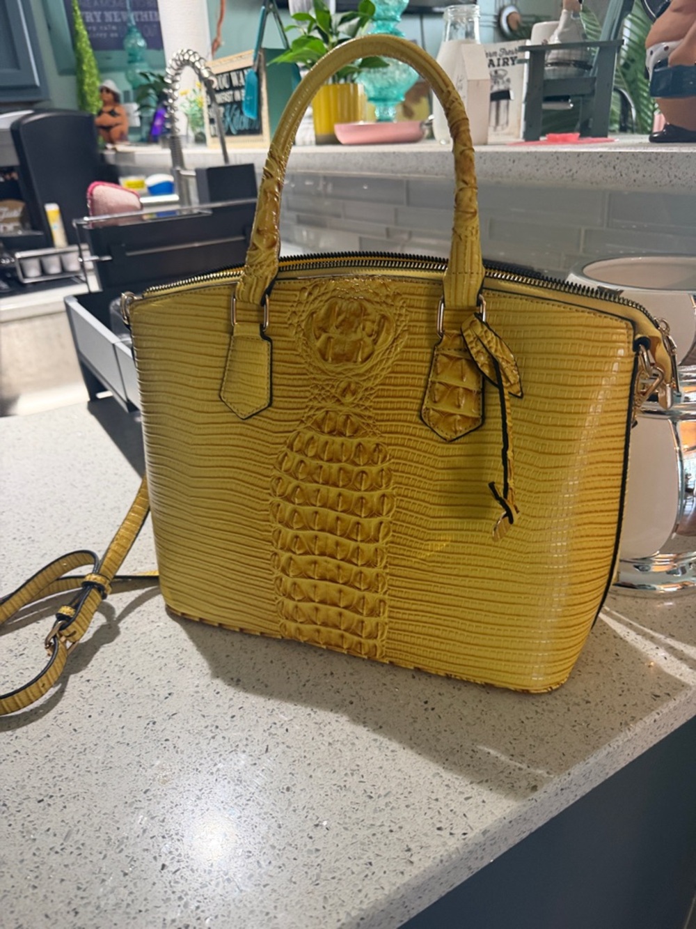 Yellow Croc-Embossed Dome Satchel Tote - Women's Bag